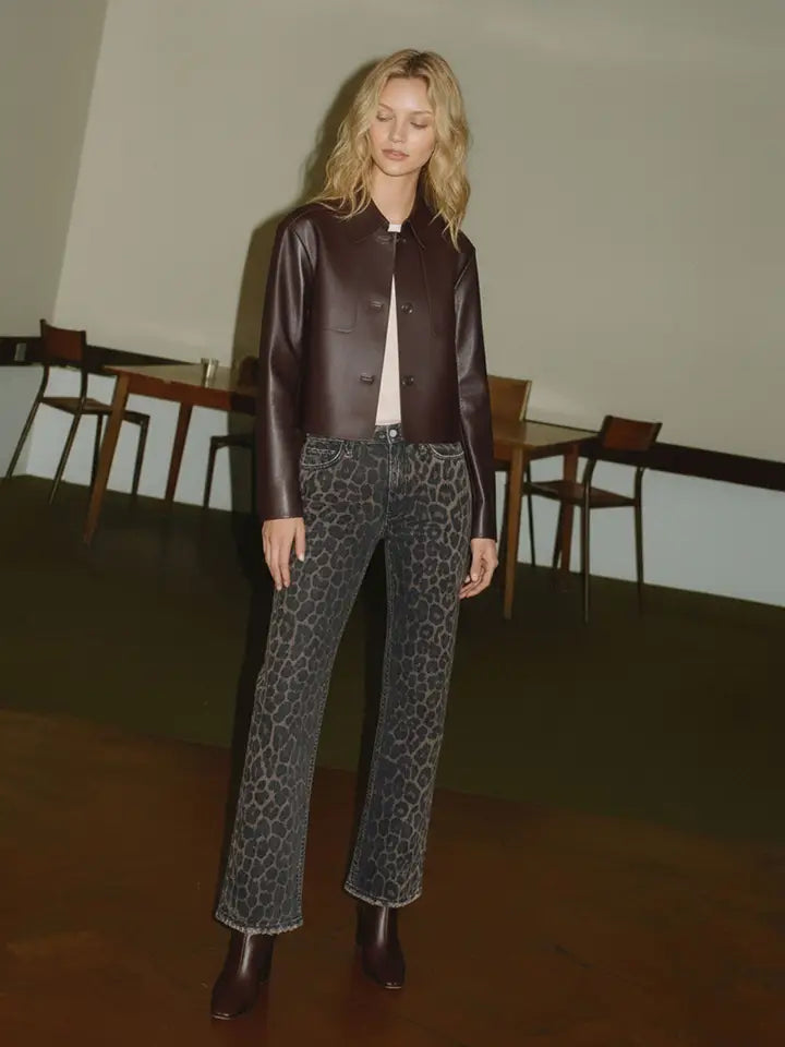 High Rise Leopard Print Slim Wide Jeans