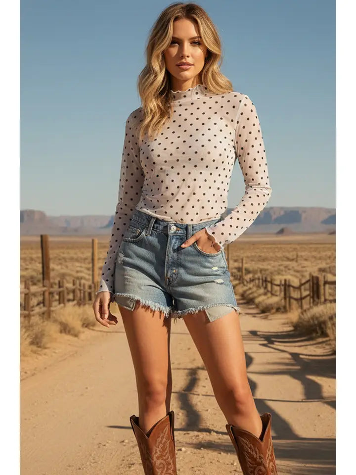 Dot Mesh Long Sleeve Top White