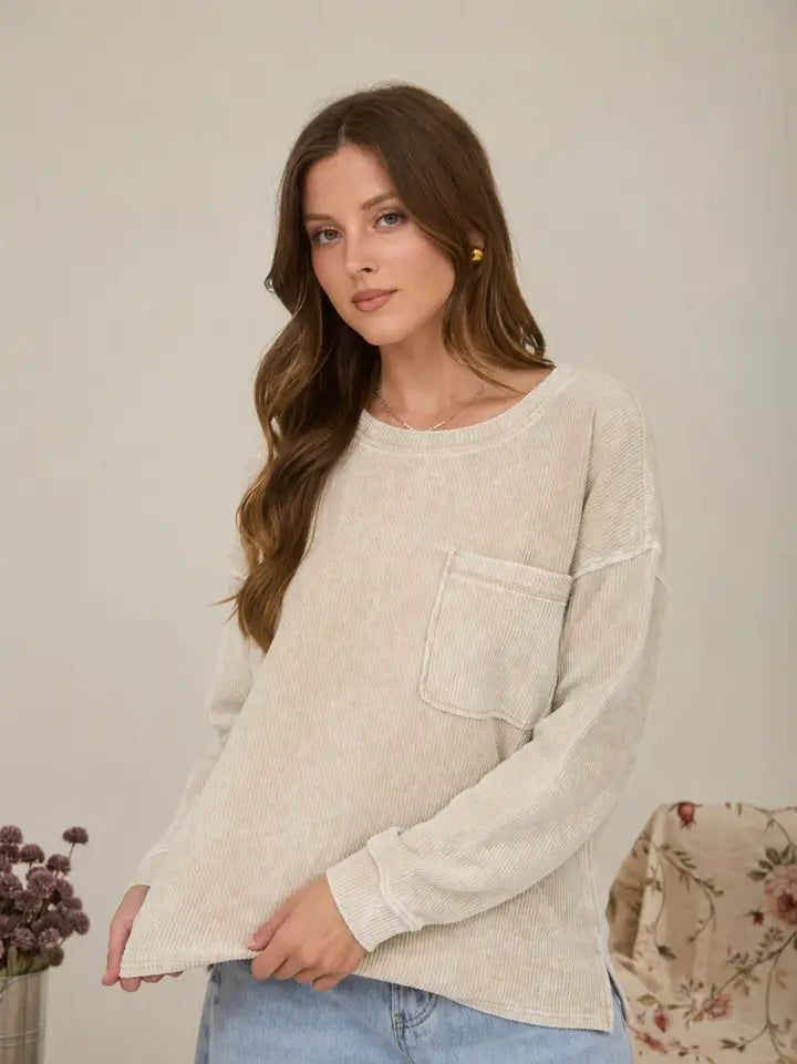 Washed Pocket Long Sleeve Top Khaki