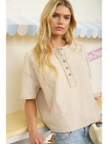 Textured Knit Short Sleeve Henley Knit Top
