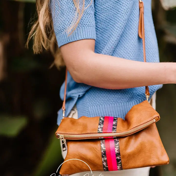 Penelope Foldover Crossbody Clutch - Tan w/ Camo Pink Strip
