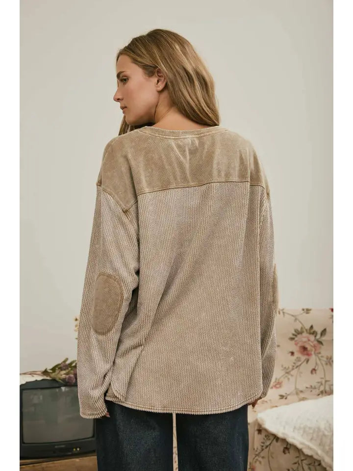 Boxy Textured Long Sleeve Washed Knit Top