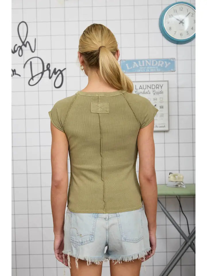 Raglan Exposed Seam Short Sleeve Knit Top