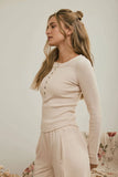 Fitted Ribbed Henley Knit Top Khaki