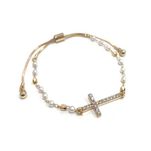 Pearl and Gold Chain with Gold Cross Charm Pull String