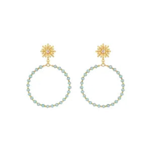 Gold Flower with Mint Crystal Circle 2" Earrings