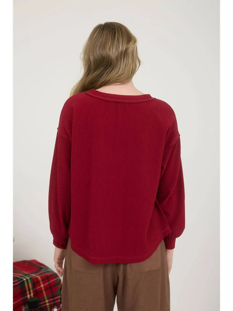 Ribbed Henley Long Sleeve Top