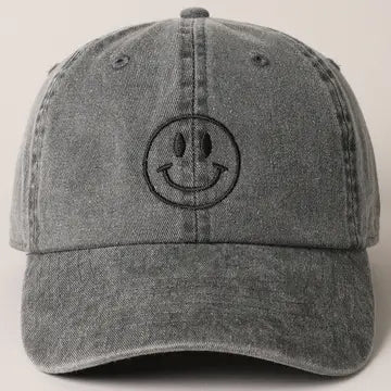 Happy Face Embroidered Cotton Cap Black