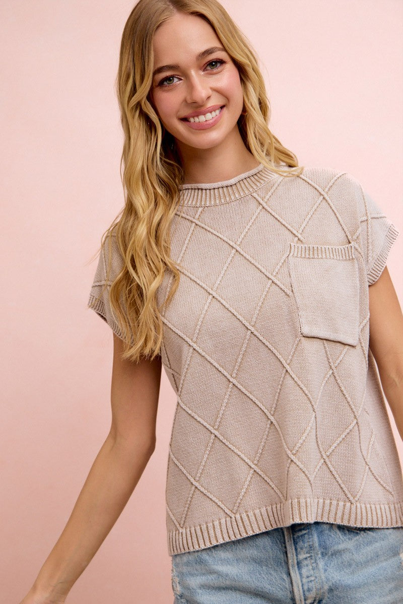Diamond Washed Knit Pocket Top Taupe