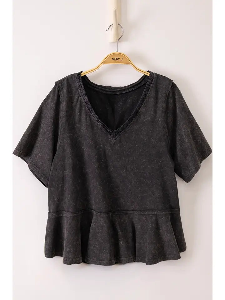 Lace Trim Detail Mineral Washed V-Neck Knit Top