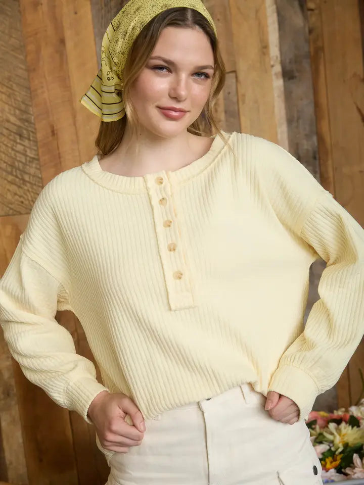 Ribbed Henley Long Sleeve Exposed Seam Knit Top