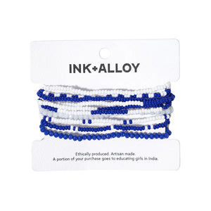 Game Day Color Block Beaded 10 Strand Stretch Bracelets Blue + White